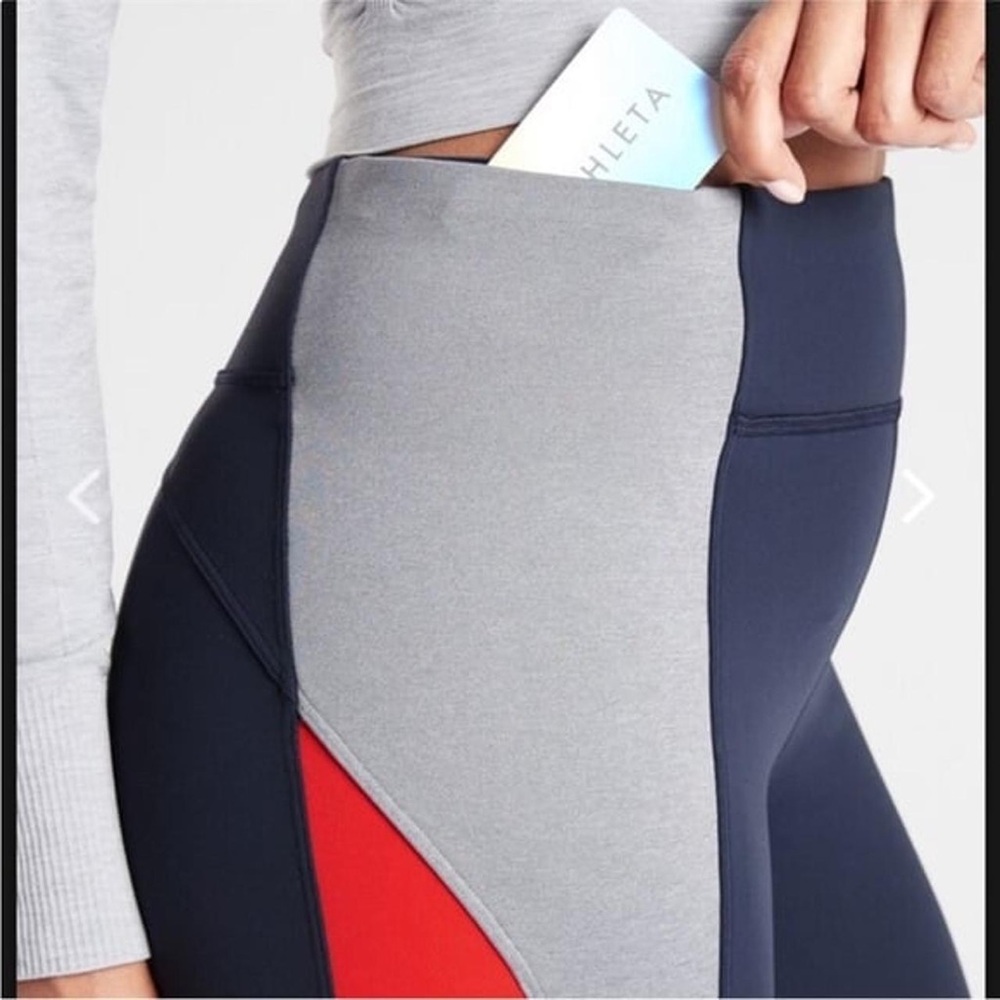 Athleta Crest Colorblock Tight Leggings |Navy Gray Orange | Size S - Picture 3 of 7